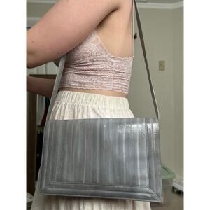 Gorgeous Vintage Eel Leather Muted Gray Blue Rectangle Shoulder Bag Classic